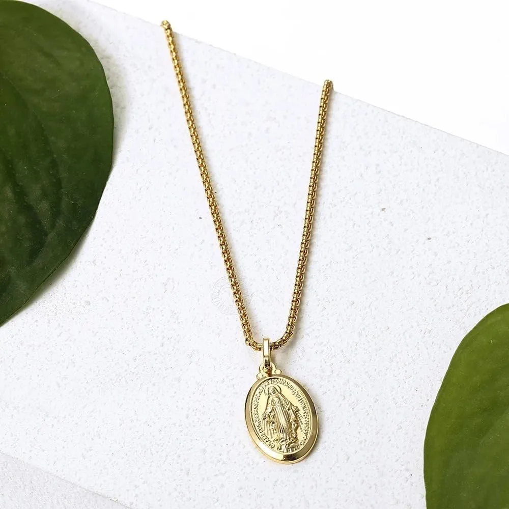 18K Yellow Gold virgen de guadalupe necklace Religious Jewelry Our Lady Virgin Mary Pendant Necklaces for Charms Women Men Accessories Chains Vintage Colar Medalla De la Virgen Milagrosa Virgencita