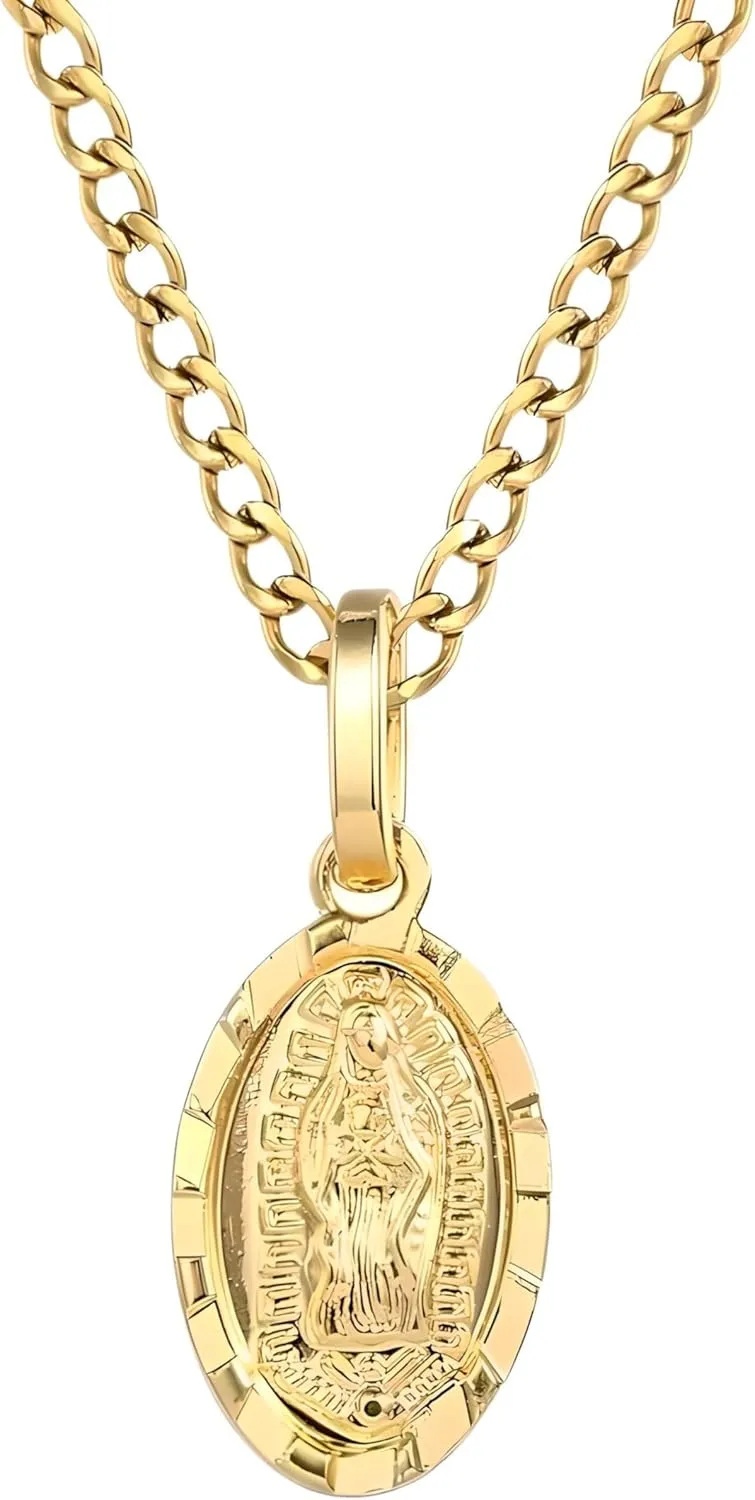 18K Yellow Gold virgen de guadalupe necklace Religious Jewelry Our Lady Virgin Mary Pendant Necklaces for Charms Women Men Accessories Chains Vintage Colar Medalla De la Virgen Milagrosa Virgencita