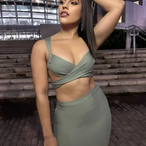 Amazonic Green  Sage Strappy Bandage Crop Top and Skirt Set