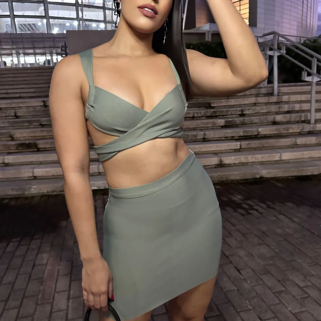 Amazonic Green  Sage Strappy Bandage Crop Top and Skirt Set