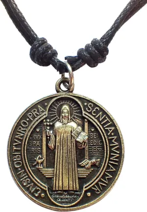 Antique Bronze Saint Benedict of Nursia Medal Pendant Adjustable Cord Necklace 16"