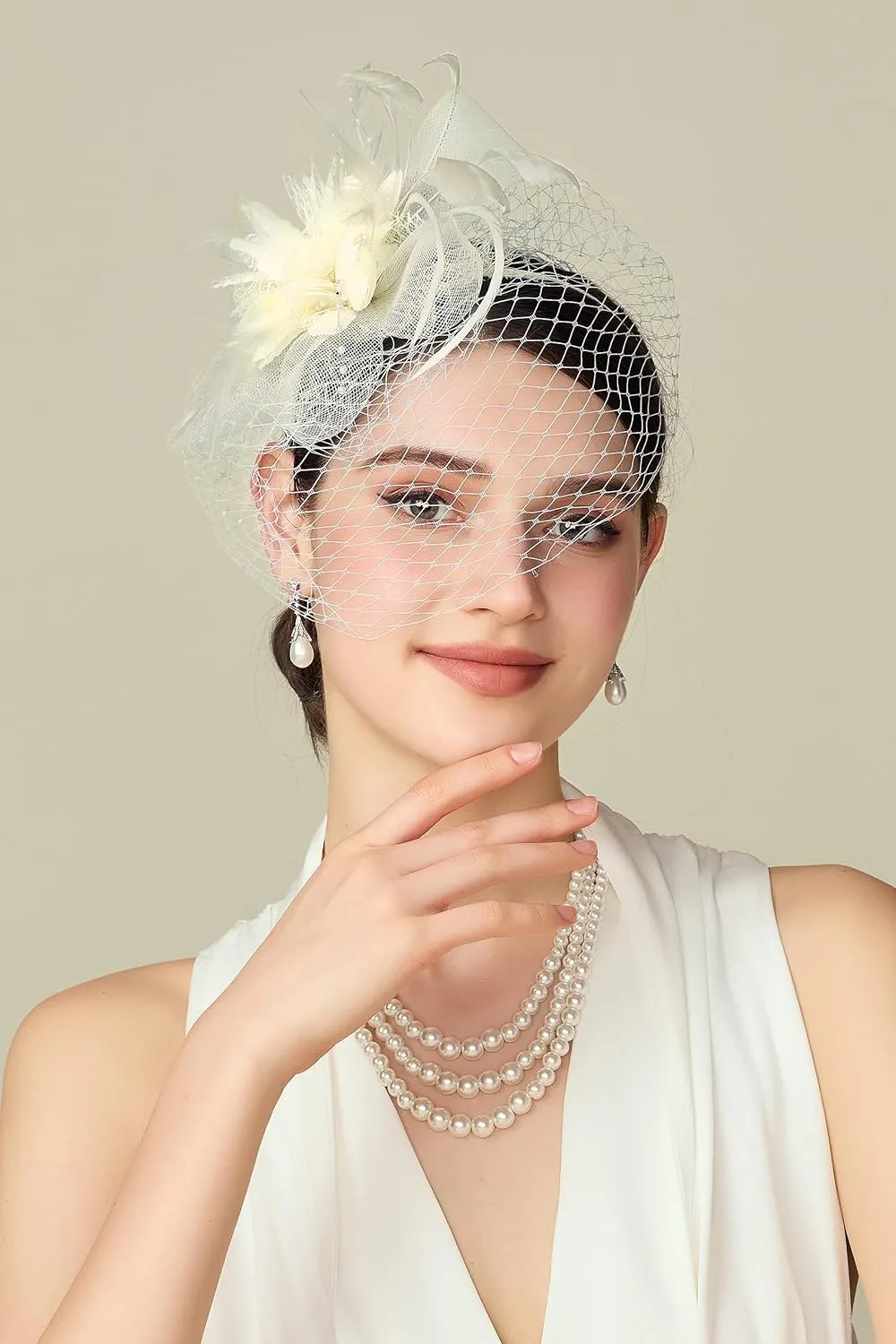 BABEYOND Fascinators Hats for Women - Tea Party Kentucky Fascinator Derby Hat Feathers Flower Mesh Knot Veil Headband Beige