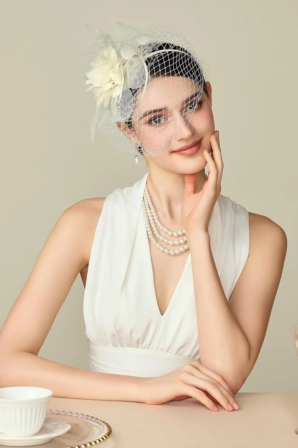 BABEYOND Fascinators Hats for Women - Tea Party Kentucky Fascinator Derby Hat Feathers Flower Mesh Knot Veil Headband Beige