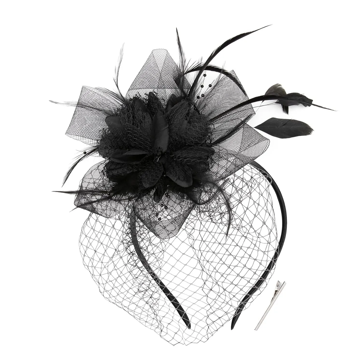 BABEYOND Fascinators Hats for Women - Tea Party Kentucky Fascinator Derby Hat Feathers Flower Mesh Knot Veil Headband Black