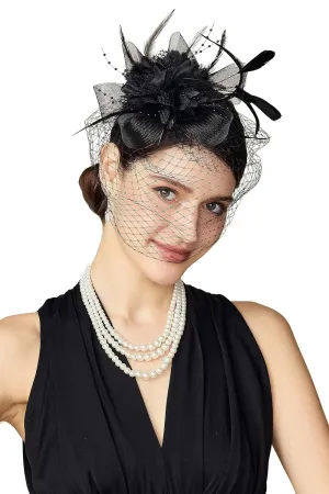 BABEYOND Fascinators Hats for Women - Tea Party Kentucky Fascinator Derby Hat Feathers Flower Mesh Knot Veil Headband Black