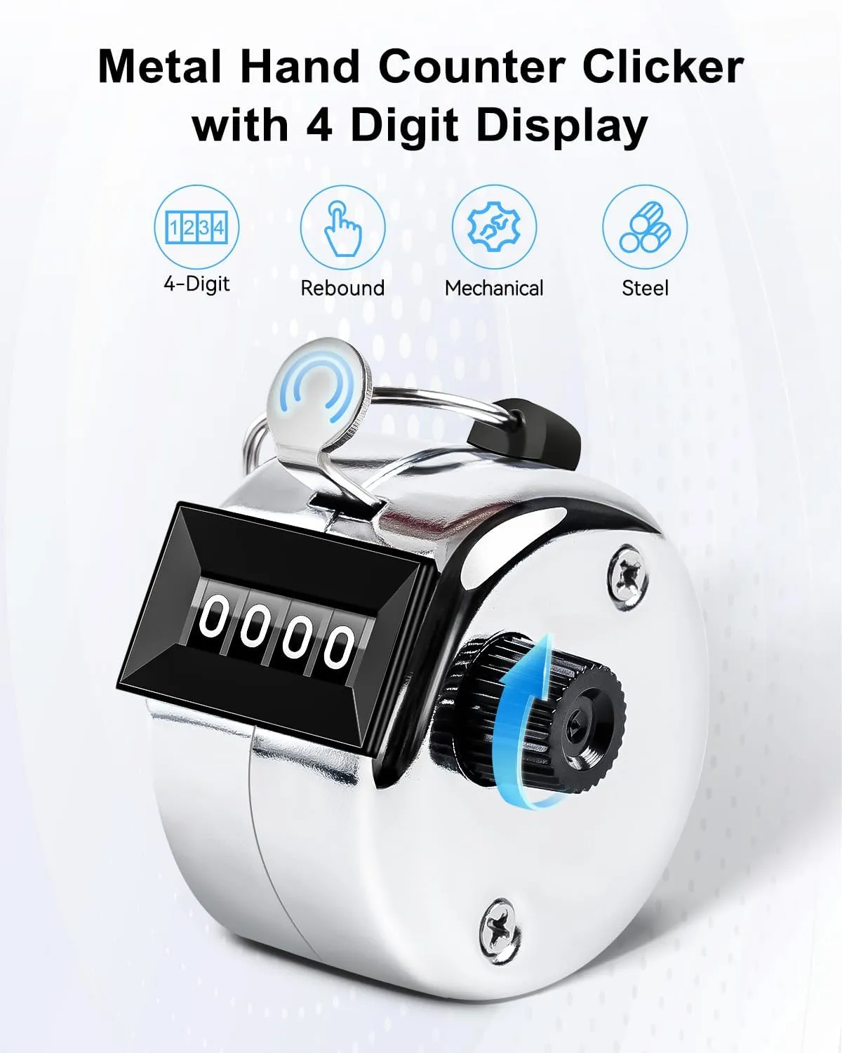 Clicker Counter, Metal Hand Tally Counter Clicker with 4 Digit Display, Pitch Counter for Golf Stroke, Baseball, Coaching, Knitting, Lap, Row Sport, Silver
