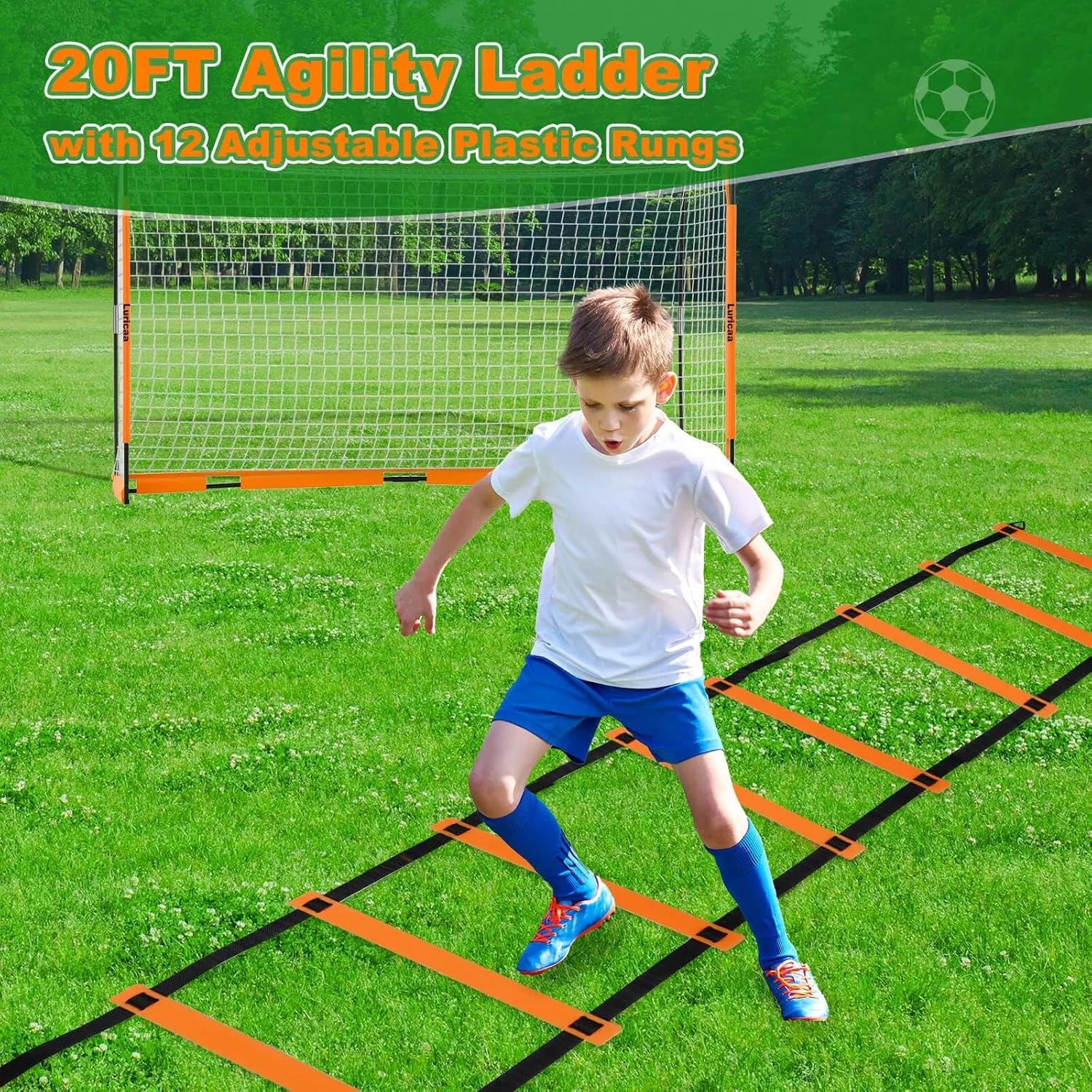 Collapsible Soccer Goal, 126 ft /64 ft Portable Soccer Goal Net for Backyard, Quick Setup Soccer Goals with 1 Carry Bag, 1 Agility Ladder, 4 Ground Nails,12 Training Cones