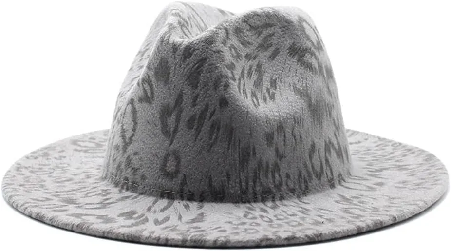 DHAEY New European and American Wool Hat Leopard Print Hat White Flat Brim Jazz Hat Big Brimmed Hat Felt Hat Luopan Caps & Hats (Color : Gris, Size : 56-58cm)