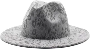 DHAEY New European and American Wool Hat Leopard Print Hat White Flat Brim Jazz Hat Big Brimmed Hat Felt Hat Luopan Caps & Hats (Color : Gris, Size : 56-58cm)