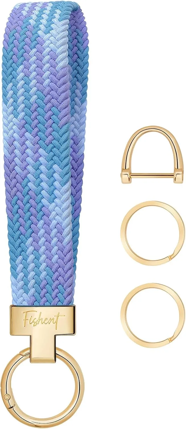 Fishent Stretchy Wristlet Keychain, Cute Key Chain, Woven Wrist Lanyard for Car Keys with 3 Keyrings and D-ring for Women Men