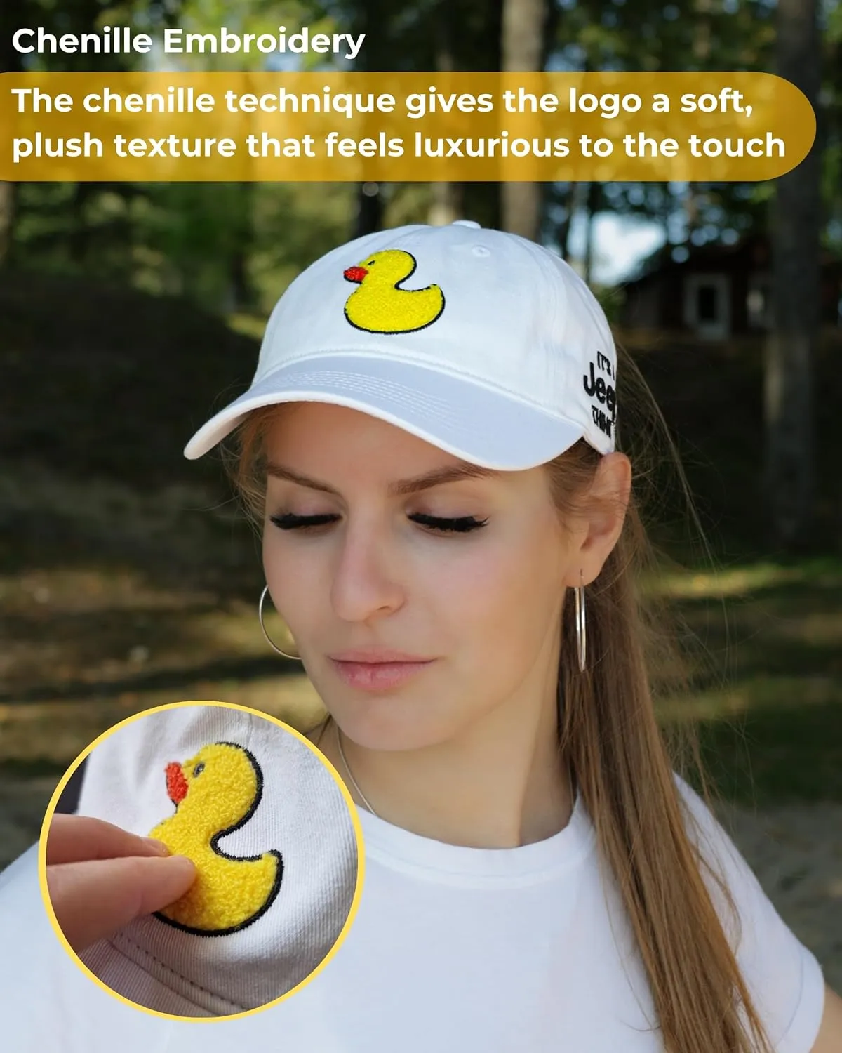 Jeep It's a Thing Washed Ponytail Baseball Hat for Women with Chenille Duck Embroidery - Adjustable Metal Strap - One Size