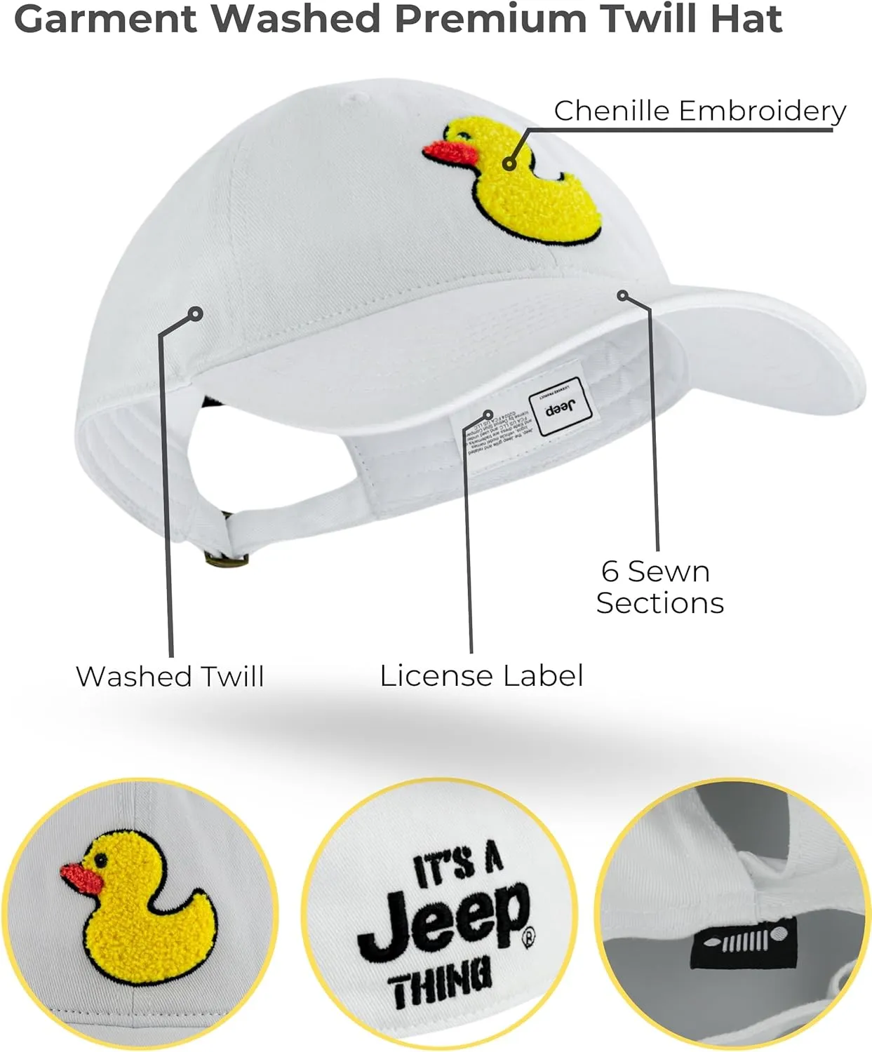 Jeep It's a Thing Washed Ponytail Baseball Hat for Women with Chenille Duck Embroidery - Adjustable Metal Strap - One Size