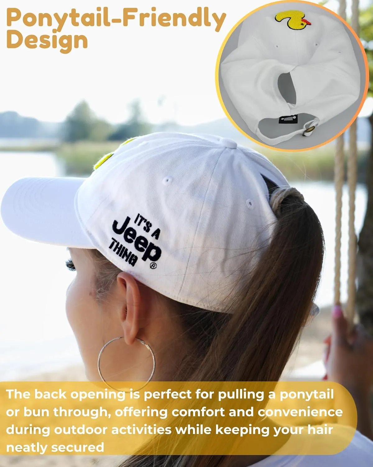 Jeep It's a Thing Washed Ponytail Baseball Hat for Women with Chenille Duck Embroidery - Adjustable Metal Strap - One Size