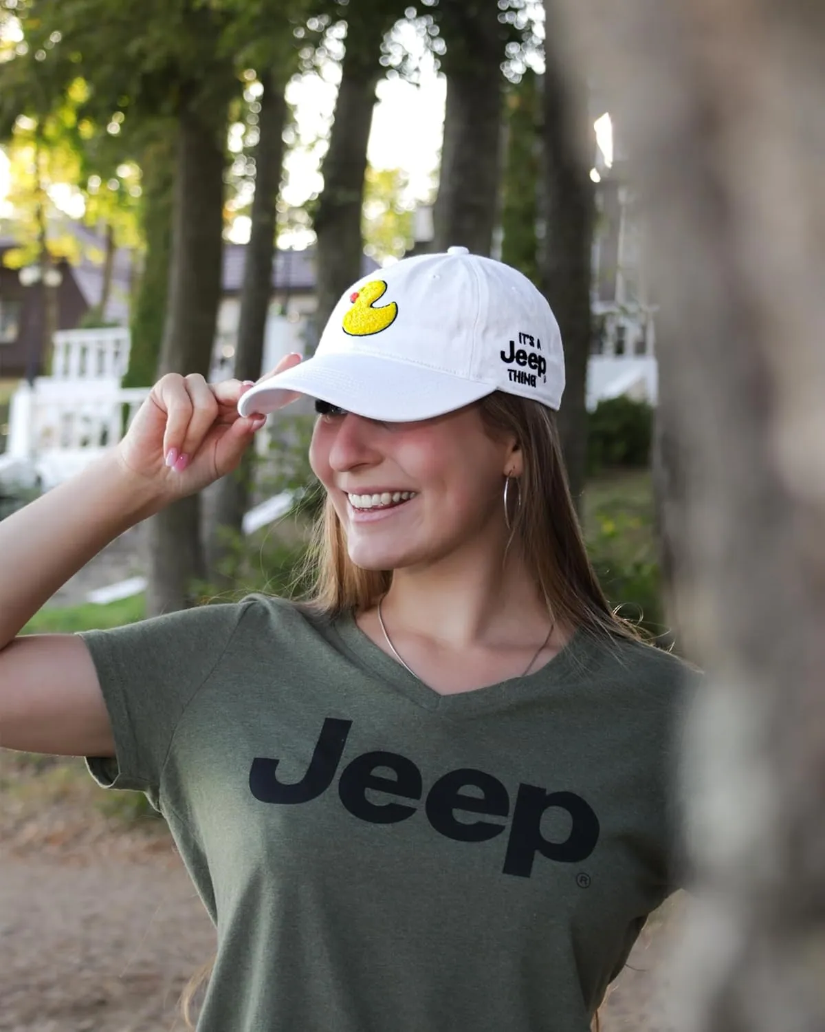 Jeep It's a Thing Washed Ponytail Baseball Hat for Women with Chenille Duck Embroidery - Adjustable Metal Strap - One Size