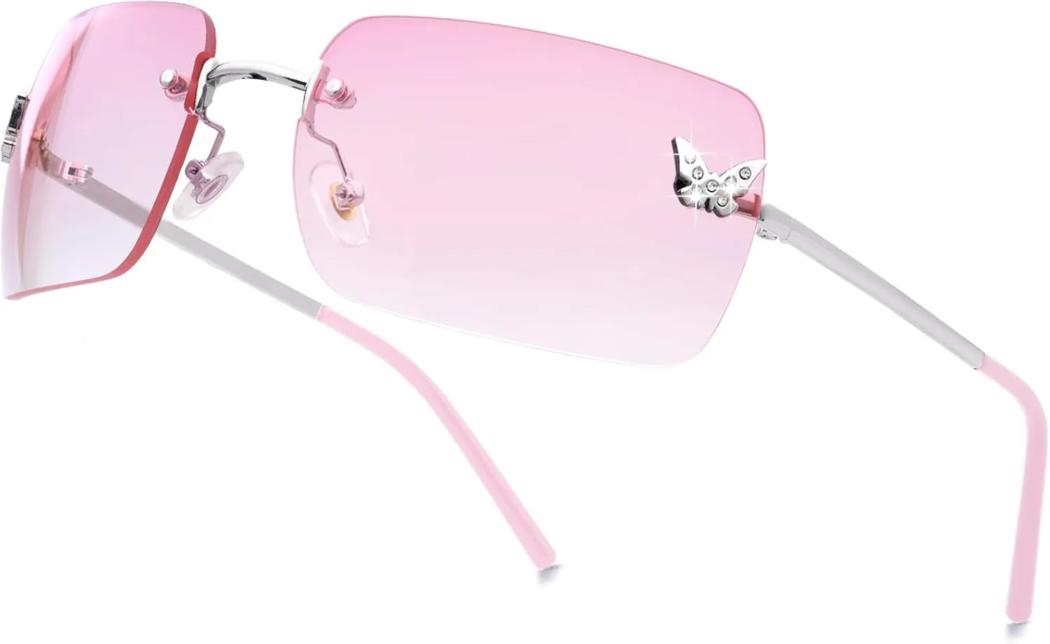 knliwkm Rimless Rectangle Y2k Sunglasses for Women Men Cute Small Clear Frameless Tinted Lens 2000S Fashion Shades Butterfly
