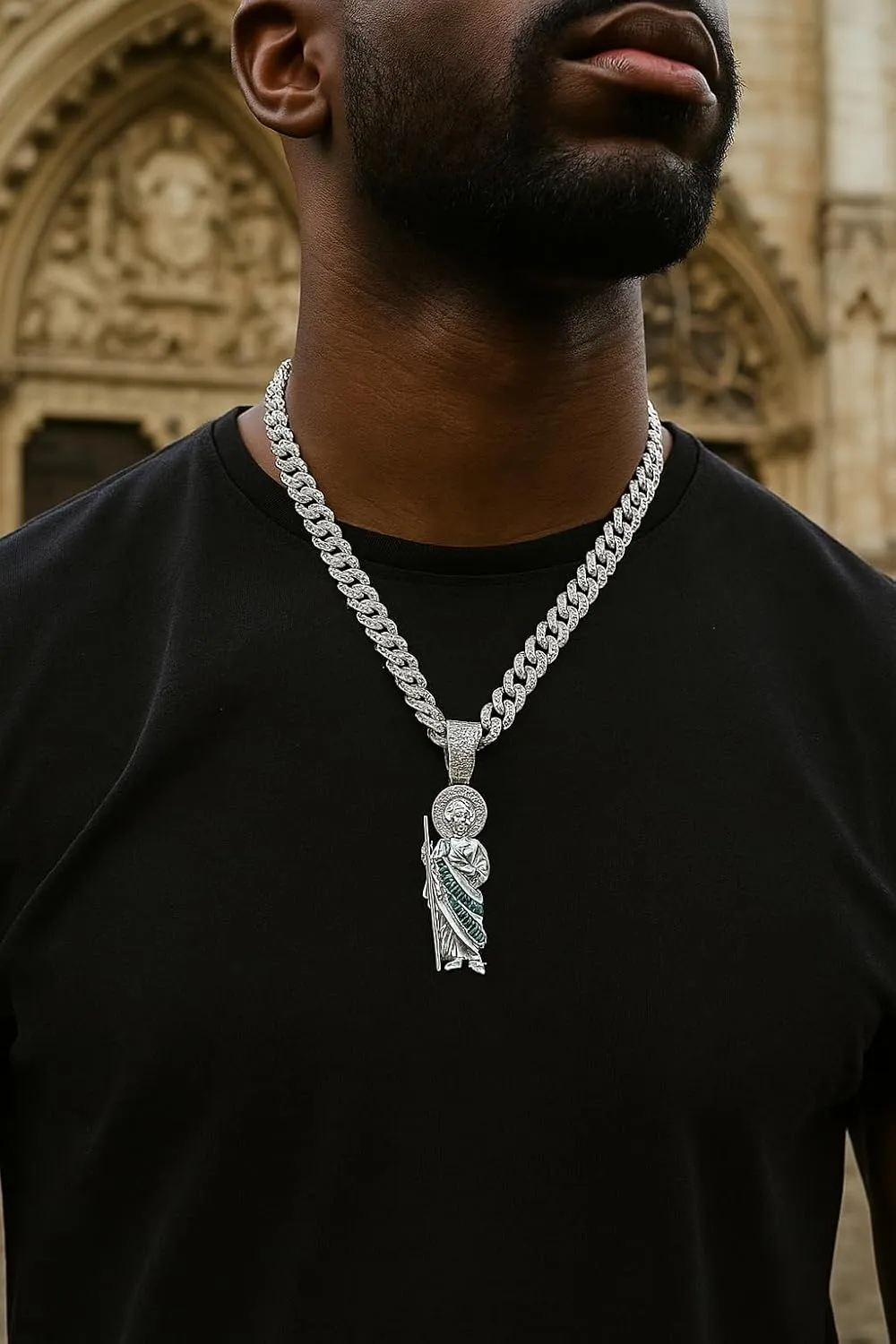 Mai & Claire 14K Gold Filled San Judas Necklace For Men And Women - 925 Sterling Silver Hip Hop Saint Jude Pendant Necklace 13mm Cuban Chain Religious,St Jude Necklace, San Judas Chain