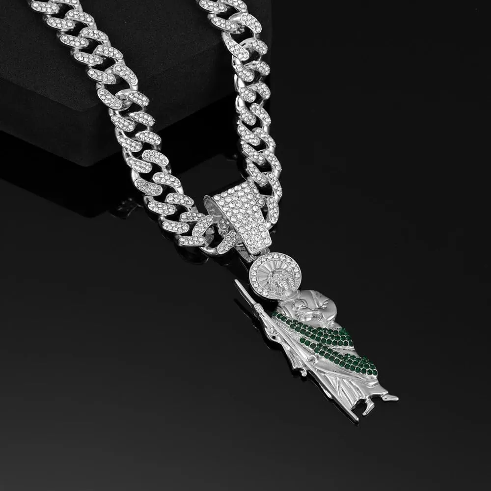 Mai & Claire 14K Gold Filled San Judas Necklace For Men And Women - 925 Sterling Silver Hip Hop Saint Jude Pendant Necklace 13mm Cuban Chain Religious,St Jude Necklace, San Judas Chain