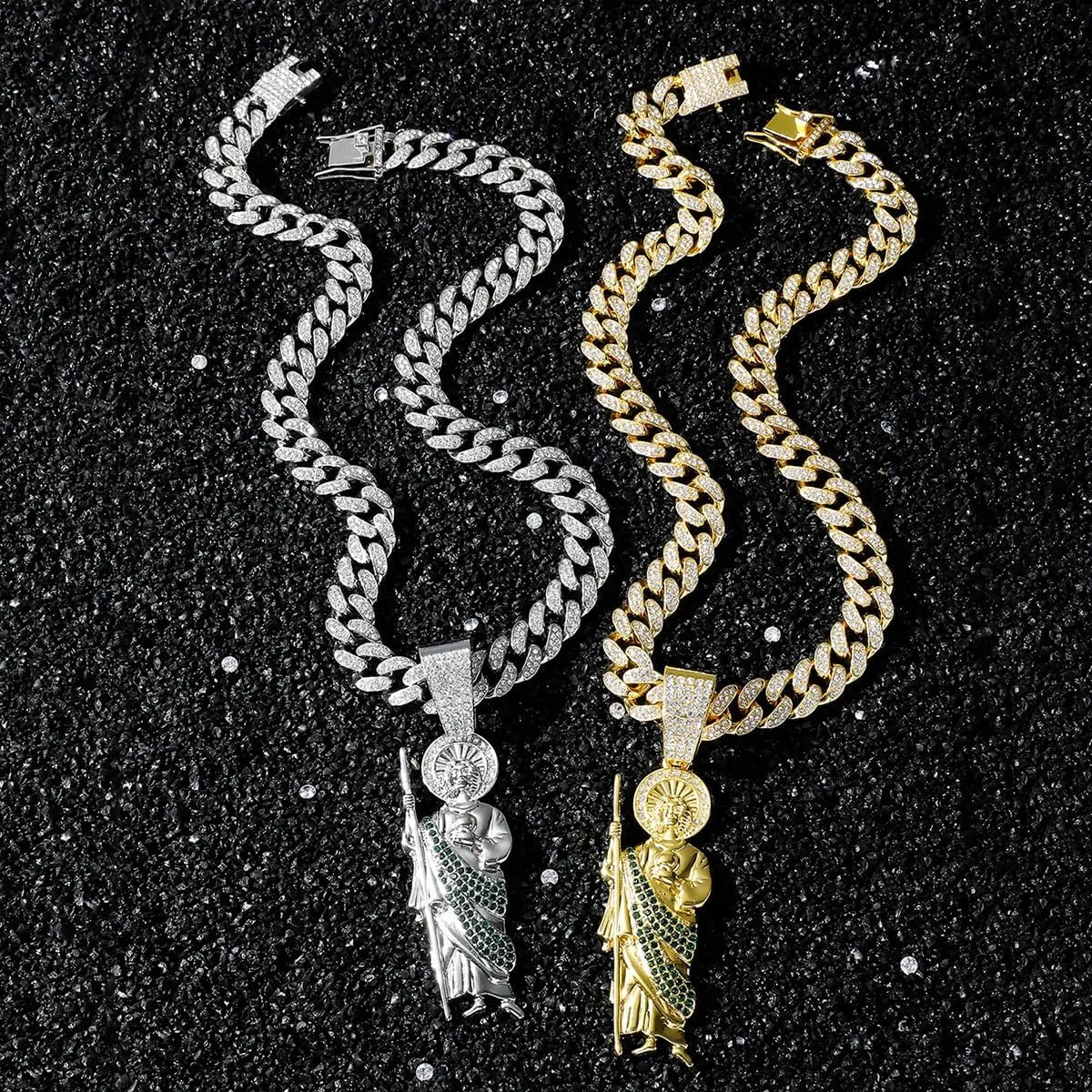 Mai & Claire 14K Gold Filled San Judas Necklace For Men And Women - 925 Sterling Silver Hip Hop Saint Jude Pendant Necklace 13mm Cuban Chain Religious,St Jude Necklace, San Judas Chain