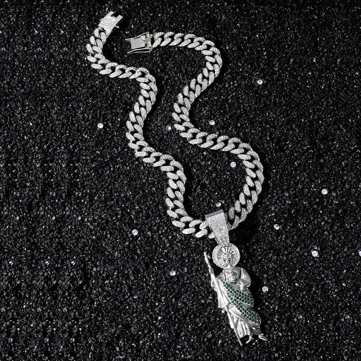 Mai & Claire 14K Gold Filled San Judas Necklace For Men And Women - 925 Sterling Silver Hip Hop Saint Jude Pendant Necklace 13mm Cuban Chain Religious,St Jude Necklace, San Judas Chain
