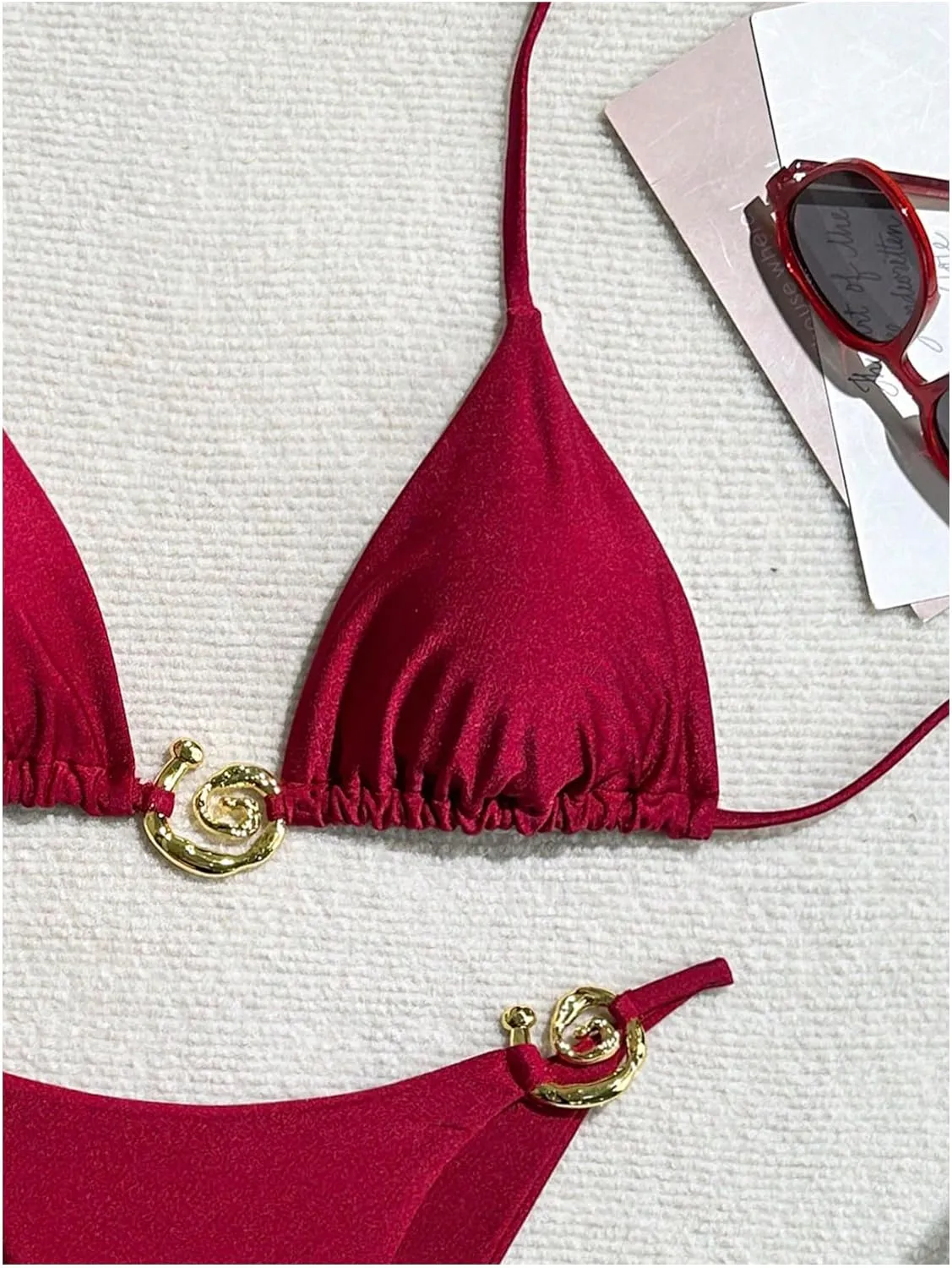 Milumia Women's 2 Piece Halter Tie Back Cheeky Swimsuit Metal Decor Triangle Thong Bikini Set
