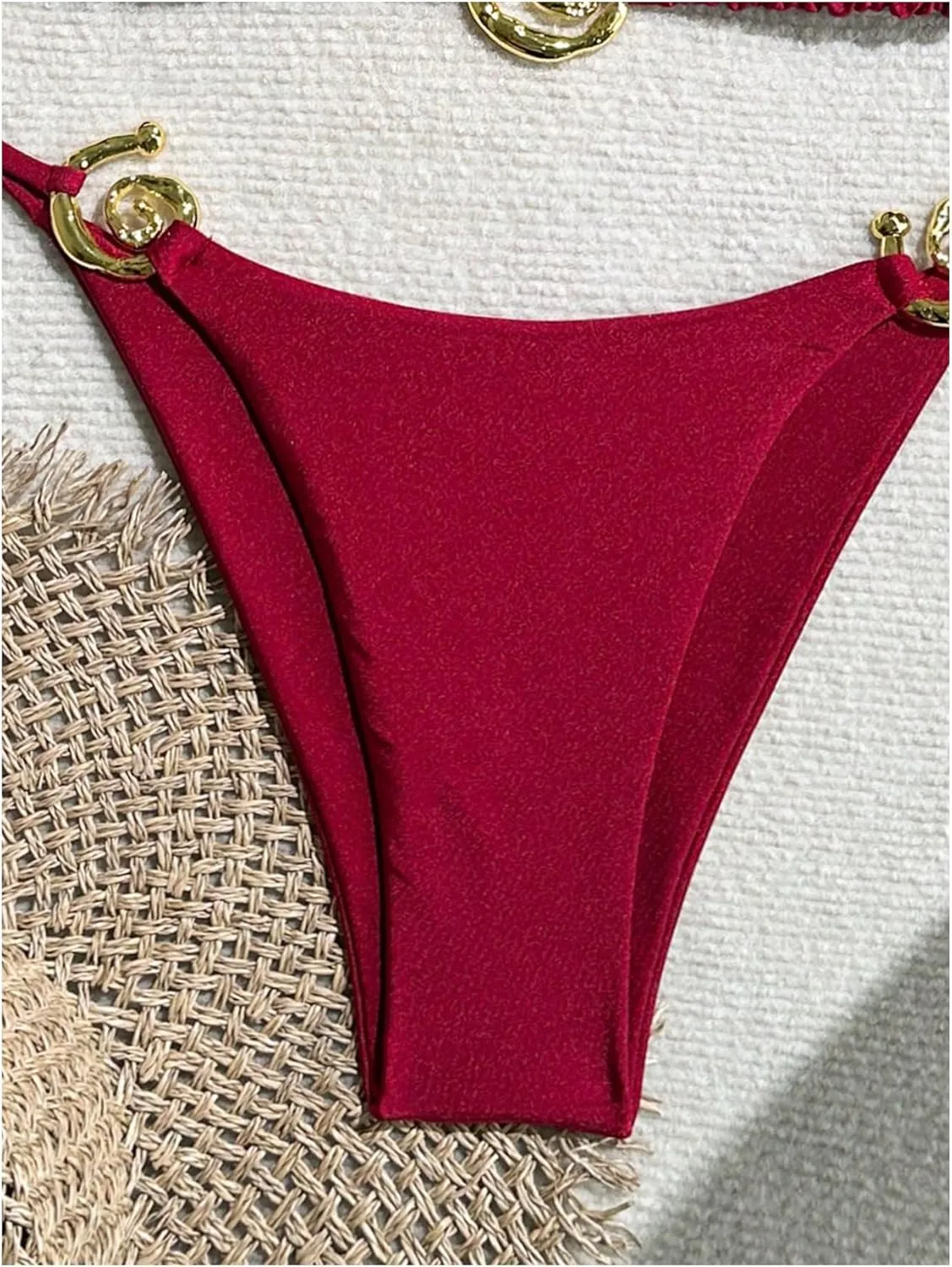 Milumia Women's 2 Piece Halter Tie Back Cheeky Swimsuit Metal Decor Triangle Thong Bikini Set