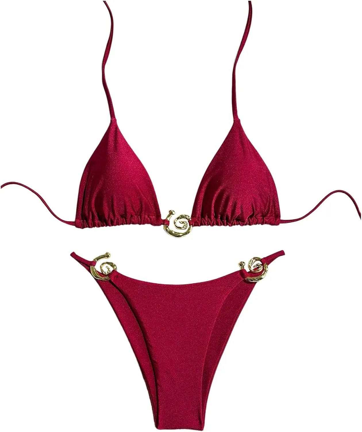 Milumia Women's 2 Piece Halter Tie Back Cheeky Swimsuit Metal Decor Triangle Thong Bikini Set