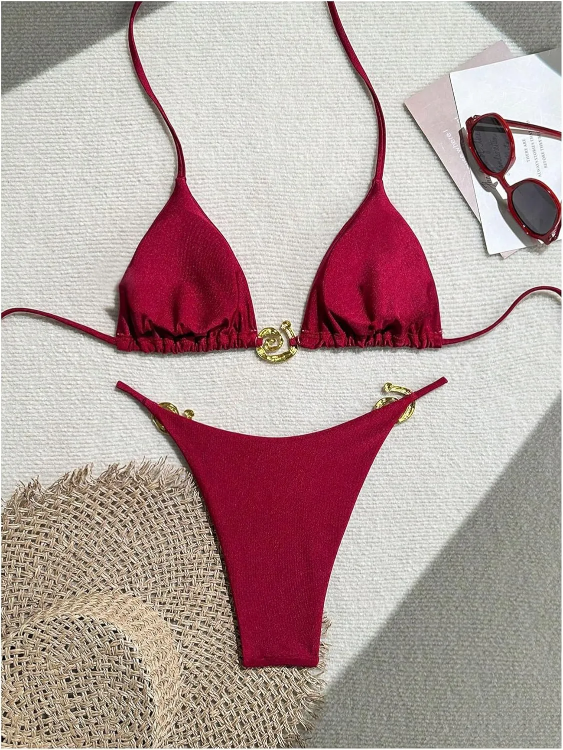 Milumia Women's 2 Piece Halter Tie Back Cheeky Swimsuit Metal Decor Triangle Thong Bikini Set