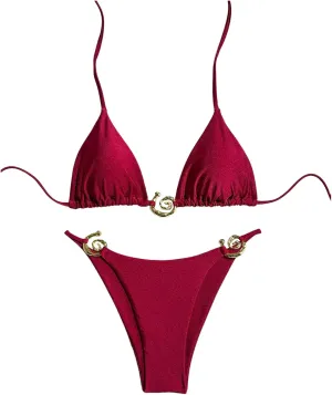 Milumia Women's 2 Piece Halter Tie Back Cheeky Swimsuit Metal Decor Triangle Thong Bikini Set