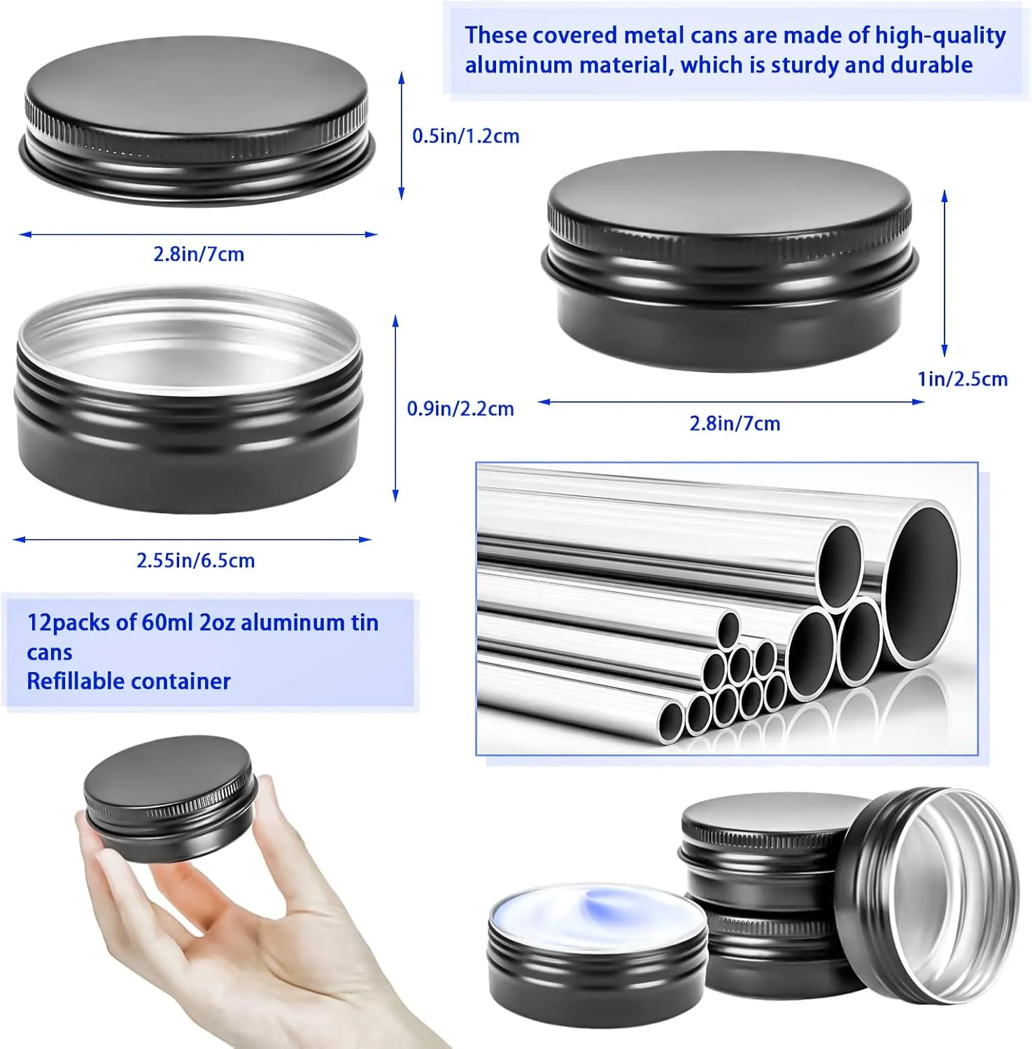 MotBach 12 Pack 2oz Tin Jars, 60ml Metal Tin cans, 2ounce Aluminum tin can jar Containers with Screw Lid for Lotion Bars, Balms, Salve, Spices, Beard Balm, Toiletries, Creams, Samples, Makeup Cosmetic