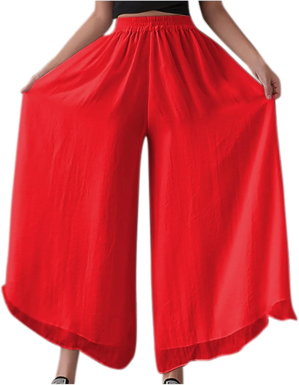 Oplxuo Womens Layered Wide Leg Pants High Waist Chiffon Flowy Palazzo Casual Loose Summer Beach Solid Trousers