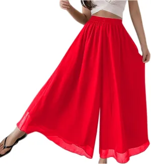 Oplxuo Womens Layered Wide Leg Pants High Waist Chiffon Flowy Palazzo Casual Loose Summer Beach Solid Trousers