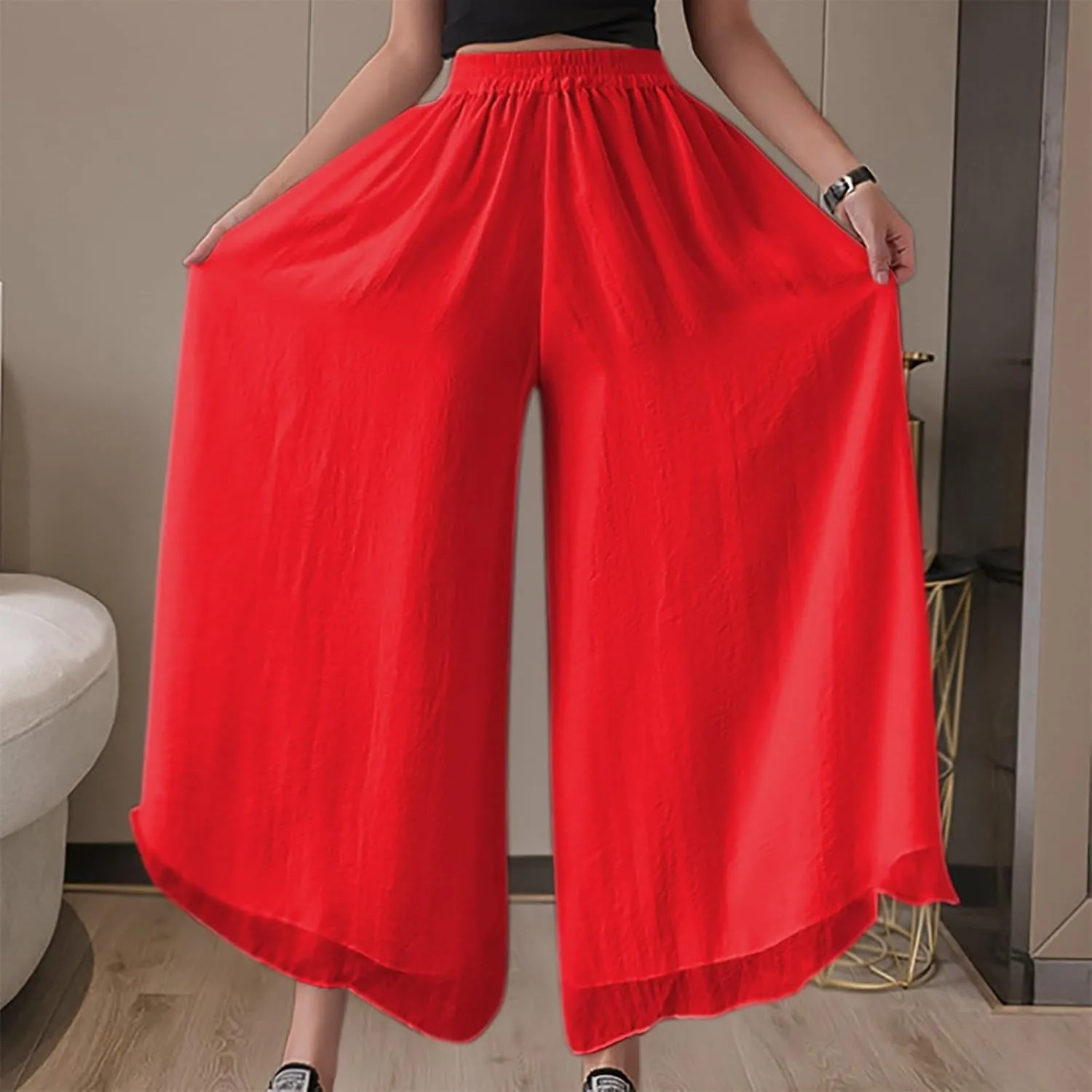 Oplxuo Womens Layered Wide Leg Pants High Waist Chiffon Flowy Palazzo Casual Loose Summer Beach Solid Trousers