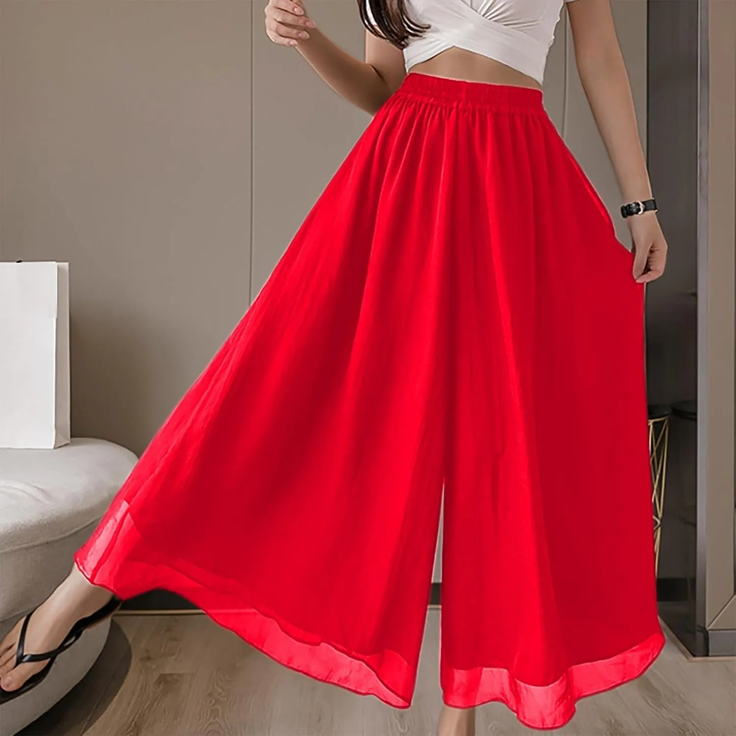 Oplxuo Womens Layered Wide Leg Pants High Waist Chiffon Flowy Palazzo Casual Loose Summer Beach Solid Trousers
