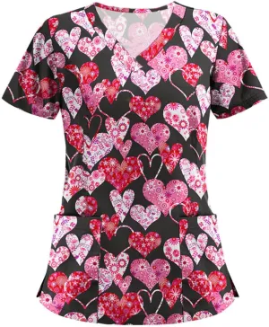 PETYCZEN Womens Scrub Tops Cute Animals Print V Neck Short Sleeve Shirts Stretch Nurse Uniform Medical Scrubs with Pockets