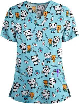 PETYCZEN Womens Scrub Tops Cute Animals Print V Neck Short Sleeve Shirts Stretch Nurse Uniform Medical Scrubs with Pockets