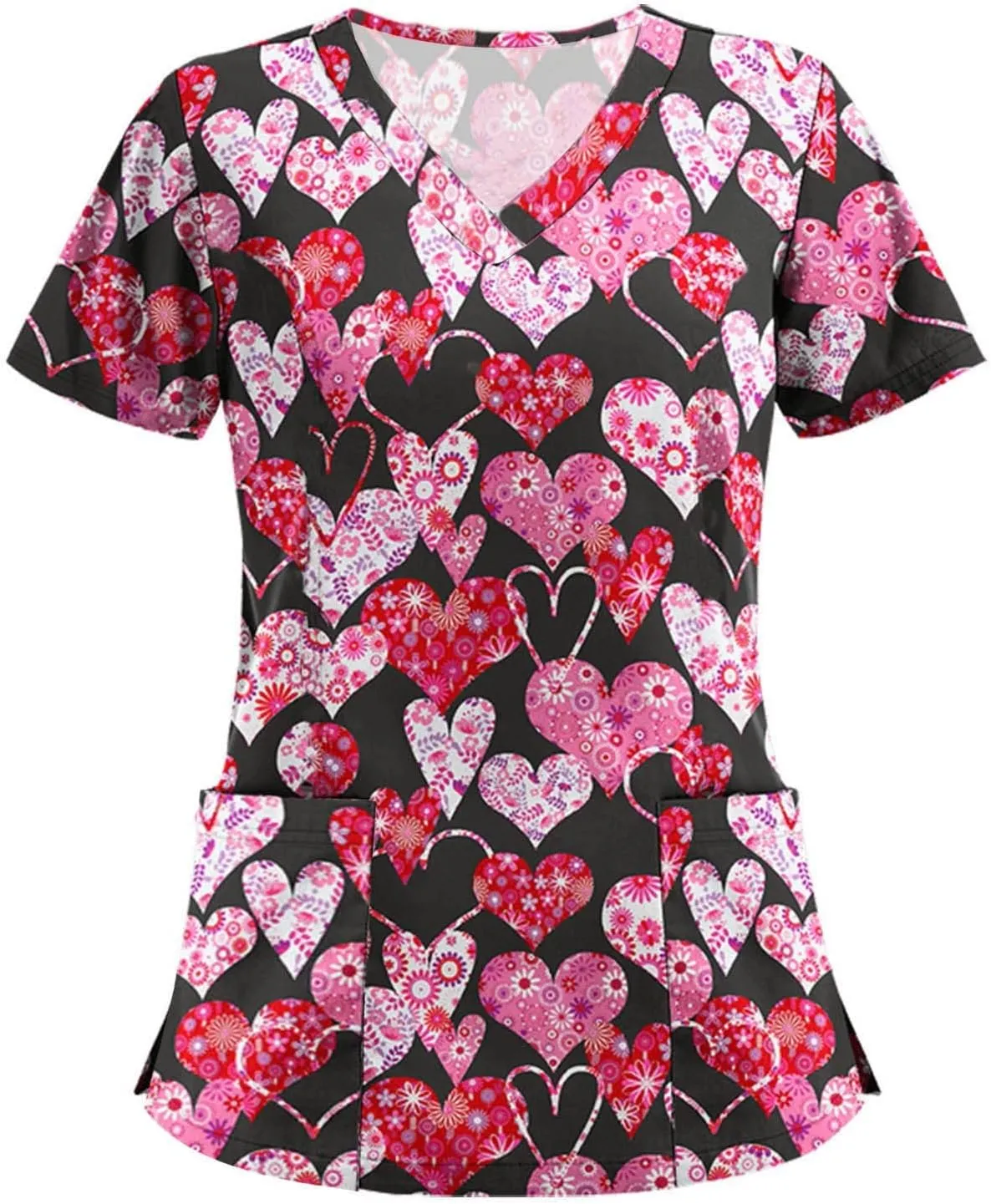 PETYCZEN Womens Scrub Tops Cute Animals Print V Neck Short Sleeve Shirts Stretch Nurse Uniform Medical Scrubs with Pockets