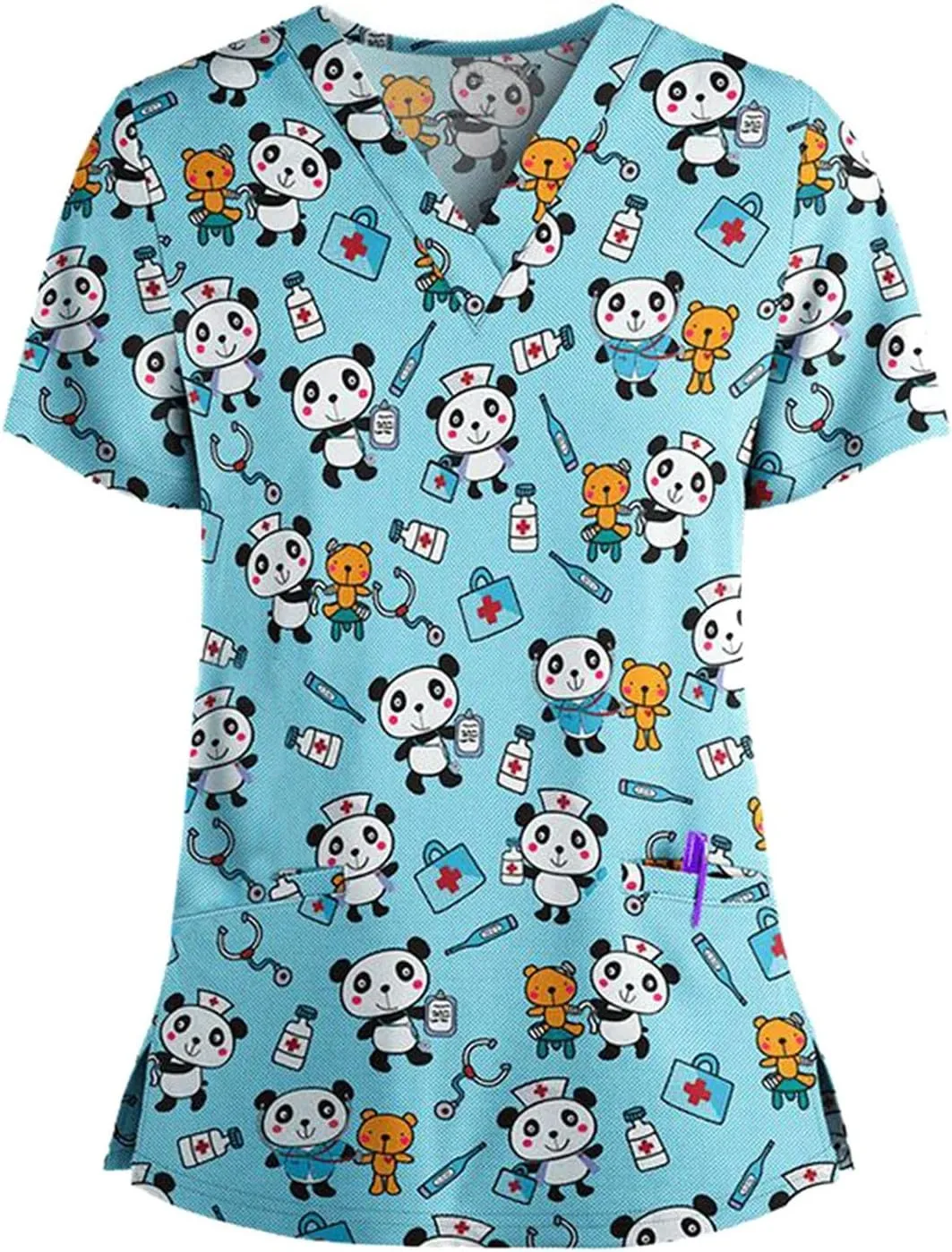 PETYCZEN Womens Scrub Tops Cute Animals Print V Neck Short Sleeve Shirts Stretch Nurse Uniform Medical Scrubs with Pockets