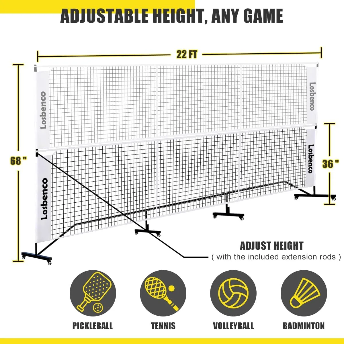 Pickleball Net with Wheels Court Lines, Metal Frame & Regulation Size 22FT, 6-in-1 Adjustable Portable Net for Playing Pickleball, Tennis, Volleyball & Soccer Backyard Games