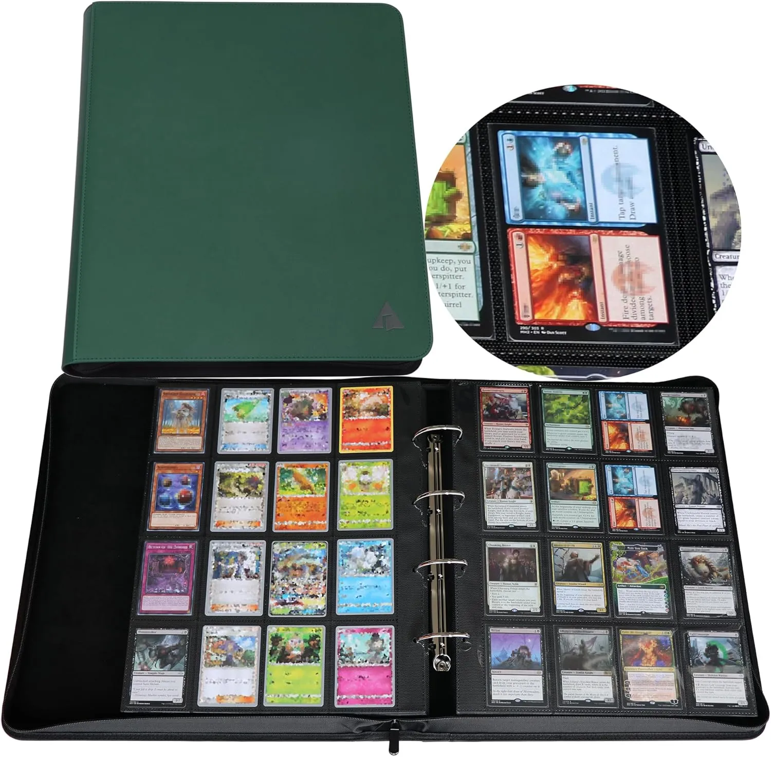 Rayvol 2000 Trading Card Binder, 16 Pocket D-Ring Card Binder Fit 2016 Cards - Large Card Collection Binder with Double-Sided Black Pages for TCG -Green
