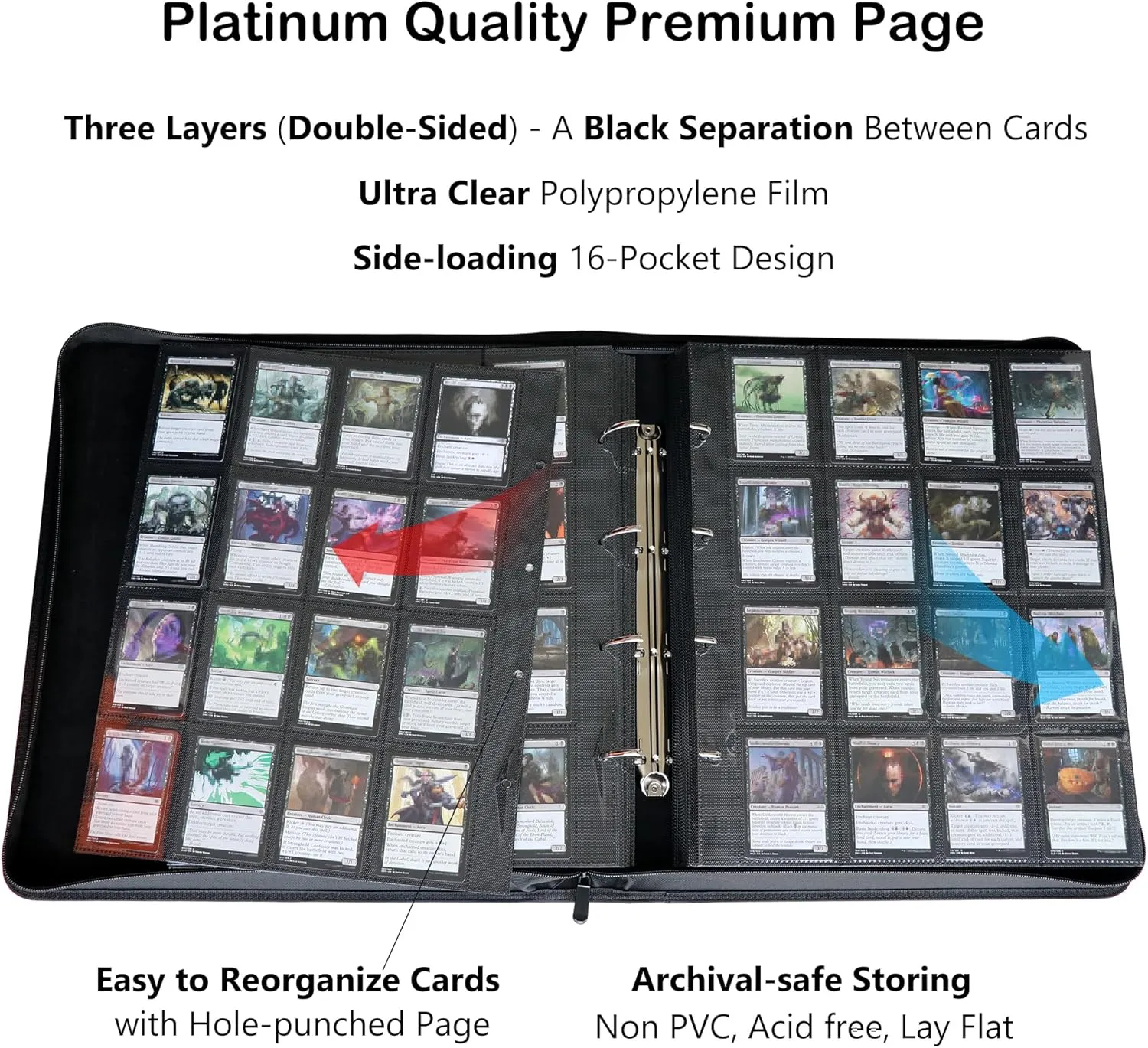 Rayvol 2000 Trading Card Binder, 16 Pocket D-Ring Card Binder Fit 2016 Cards - Large Card Collection Binder with Double-Sided Black Pages for TCG -Green