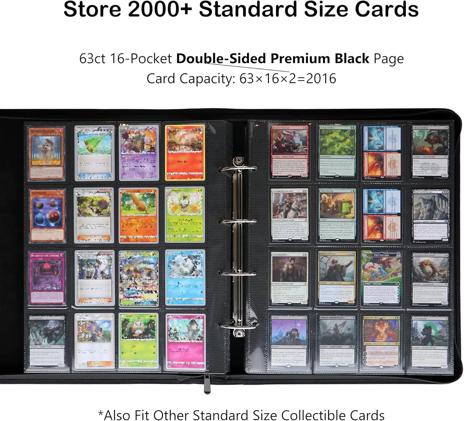 Rayvol 2000 Trading Card Binder, 16 Pocket D-Ring Card Binder Fit 2016 Cards - Large Card Collection Binder with Double-Sided Black Pages for TCG -Green