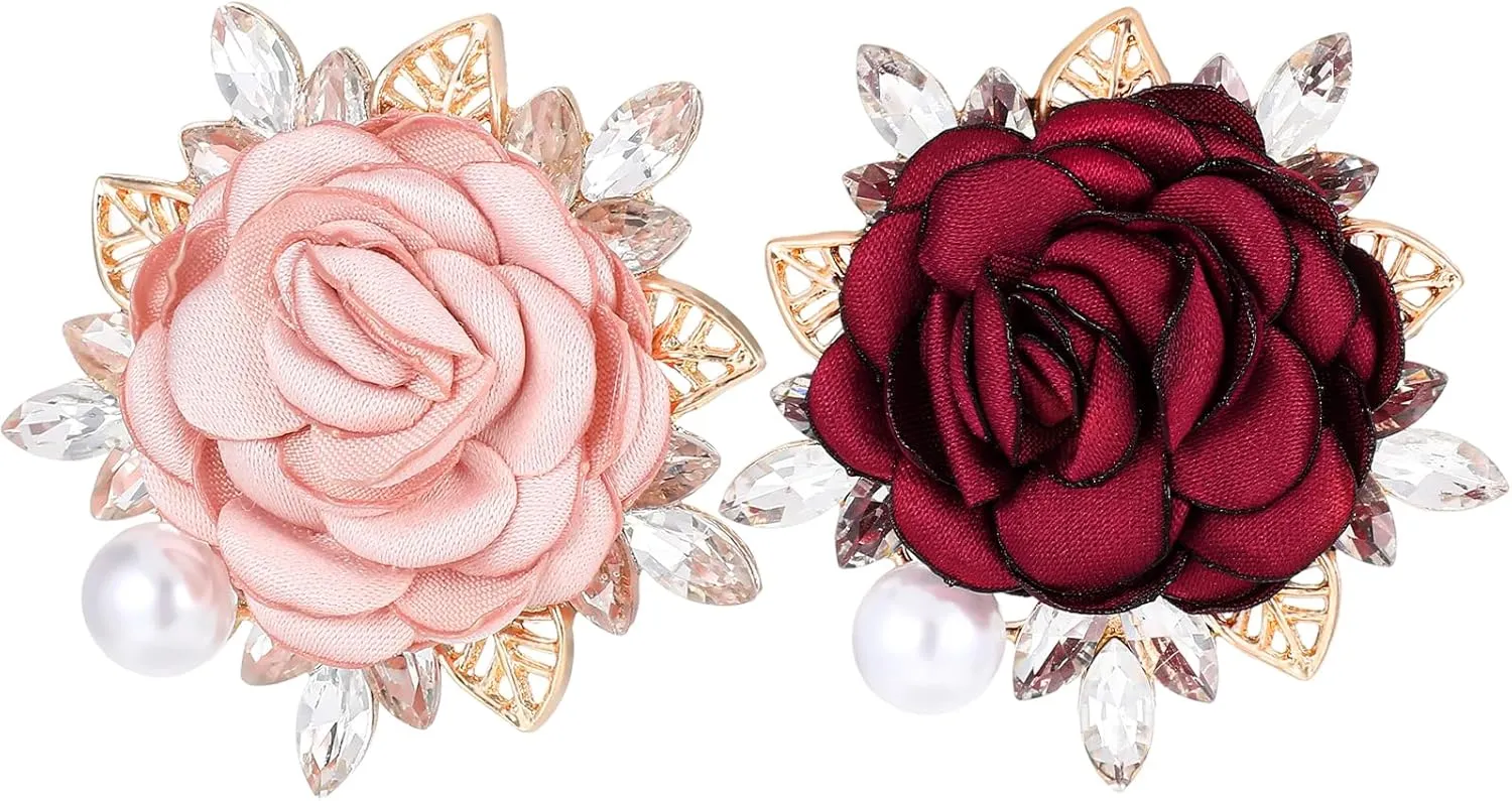 Rose Flower Brooch Pin Elegant Handmade Crystal Boutonniere Pink Pearl Fabric Lapel Pin Wedding Party Gentleman's Essentials