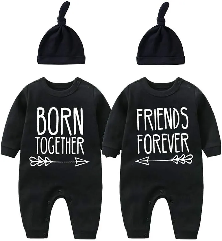 YSCULBUTOL Baby Twins Bodysuit with hat Born Together Friend Forever Baby boy Clothes Toddler Girl Clothes